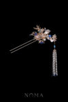 Crane Wing Pagoda Bamboo Hairpin - Gold, Sapphire (Left)