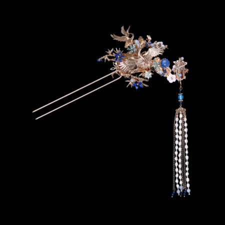 Crane Wing Pagoda Bamboo Hairpin - Gold, Sapphire (Left)