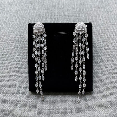Paved Rose Dangling Chain Earrings - Rhodium White Gold