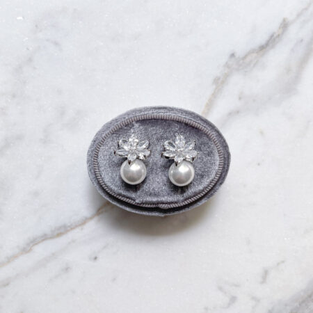 Arranged Pearl Earrings - Rhodium White Gold, White Pearl