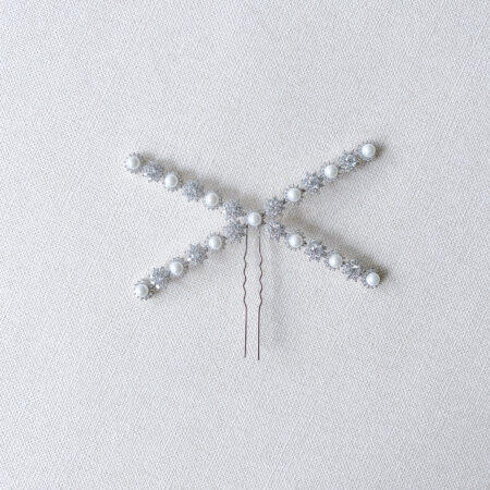 Pearl Halo Round Paved X Hairpin - Rhodium White Gold, White Pearl