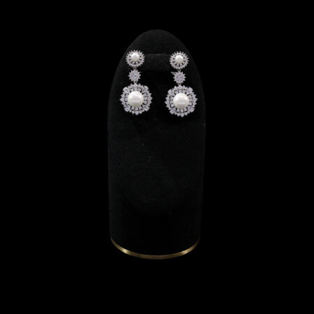 Dangling Pearl Radiant Earrings - Rhodium White Gold, White Pearl