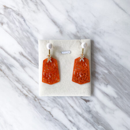 Carved Floral Long Hexagonal Jade with Pearl Earrings - 18k Yellow Gold, Red Jade