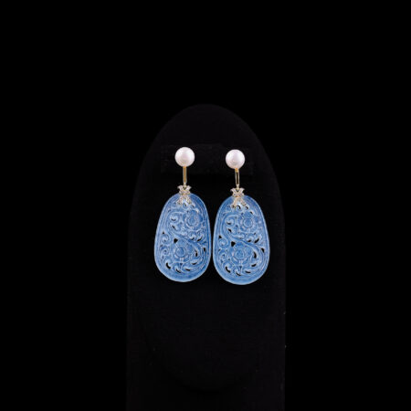 Carved Floral Ovallish Jade with Pearl Earrings - 18k Yellow Gold, Blue Jade