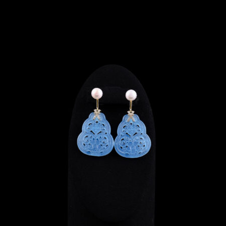 Carved Floral Gourd Jade with Pearl Earrings - 18k Yellow Gold, Blue Jade