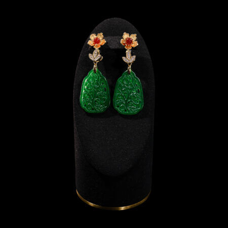 Carved Monument Jade with Flower Earrings - 18k Yellow Gold, Jade