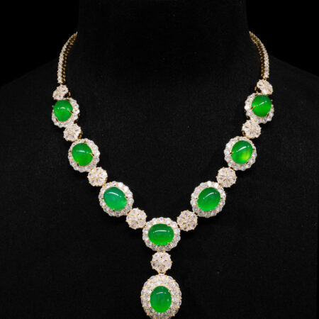 Superior Oval Jade Halo Mix Flower Necklace - 18k Yellow Gold, Jade