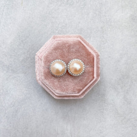 Pearl Bezel Earrings 10 mm - Rhodium White Gold, Pink Pearl