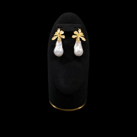 Natural Floral Baroque Pearl Earrings - Doff Gold, White Pearl