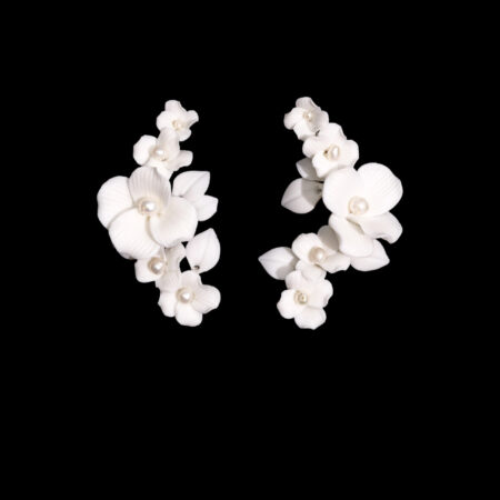 Clay Flower Quadruple Mix Side Hairvine Pair - White Silver (1 pair)