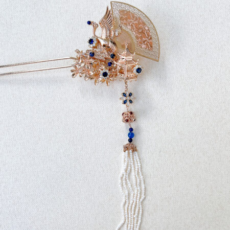 Flying Crane Bouquet Hairpin - Gold, Sapphire (Left)