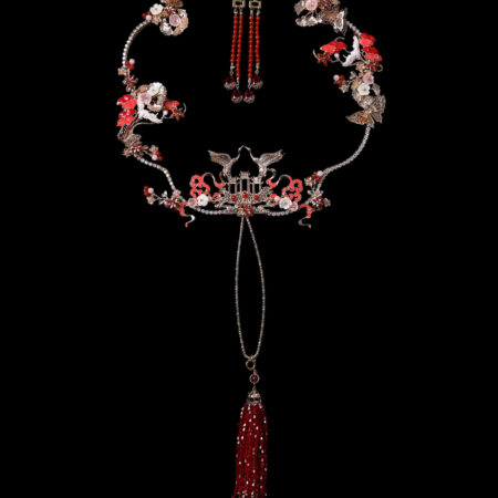 Colorful Crane Jade Ginkgo Fan - Gold, Ruby