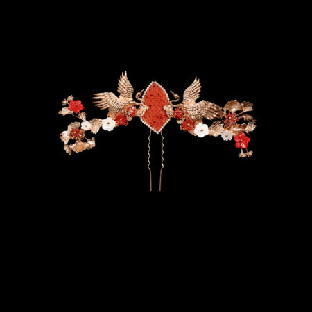 Crane Jade Ginkgo Pagoda Hairvine - Gold, Ruby