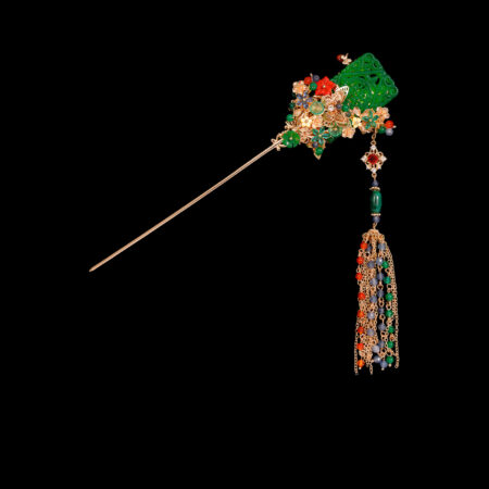 Carved Rectangle Happiness Jade Hairpin - Gold, Jade
