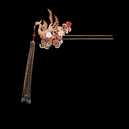 4D Phoenix Feather Pearl Tree Hairpin - Gold, Blue (Right)