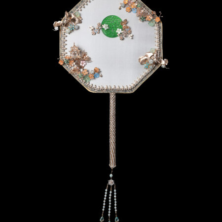 Carved Jade Crane Ginkgo Fan - Gold, Jade