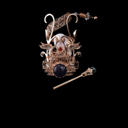 Spiral Crane Cuff and Hairpin Set - Gold, Black (2 pcs)