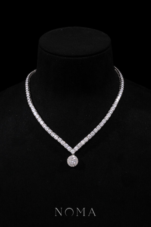 DJW-202300029-V-Round-025-ct-Tennis-Choker-with-Classic-Round-Halo-Pendant-Rhodium-White-Gold