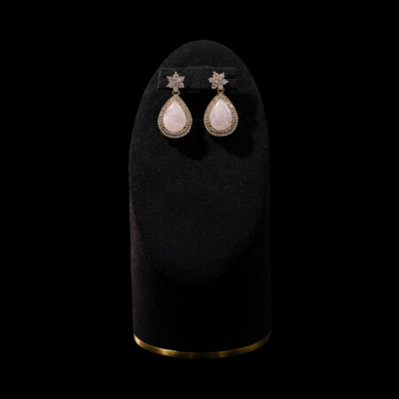 Superior Pear Jade Double Halo Round Paved Top Earrings - 18k Yellow Gold, Pink Jade
