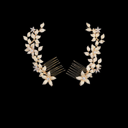 Paved Flower Twigs Side Hairvine Pair - Gold (1 pair)