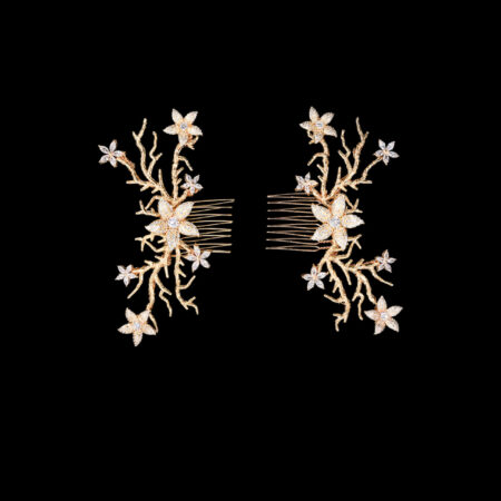 Paved Flower Simple Branch Side Hairvine Pair - Gold (1 pair)