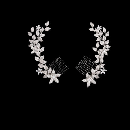 Paved Flower Twigs Side Hairvine Pair - White Gold (1 pair)