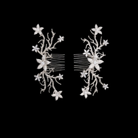 Paved Flower Simple Branch Side Hairvine Pair - White Gold (1 pair)
