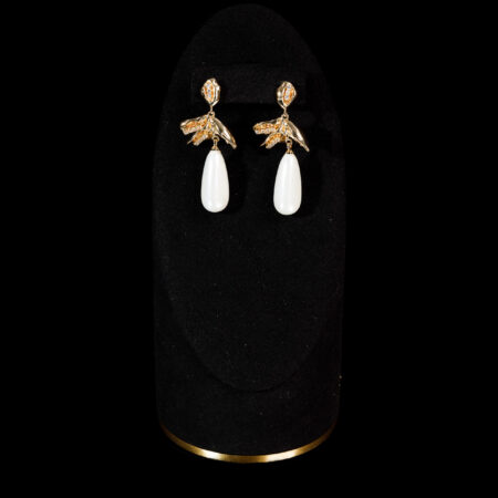 Shiny Metal Drop Pearl Earrings - Gold, White Pearl