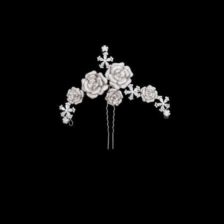 Paved Rose Floral Large Hairpin - White Gold