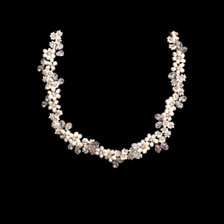 Pearl Crystalline Flower Long Hairvine - White Silver