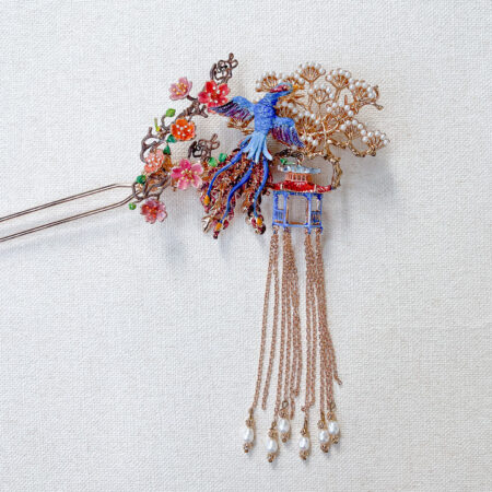 Colorful Flying Phoenix Blossom Pagoda Hairpin - Gold