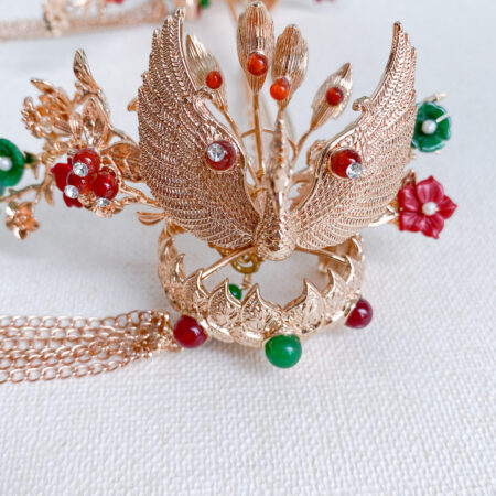 3D Phoenix Bowl Garden Hairpin - Gold, Red (Right)