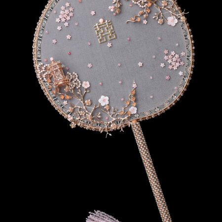 Branch Twigs Double Pagoda Scenery Fan - Gold, Pink
