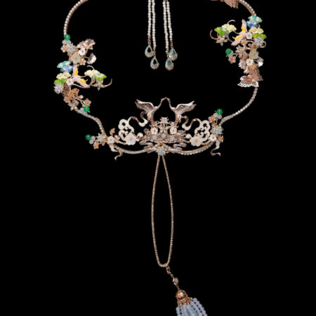 Colorful Crane Jade Ginkgo Fan - Gold, Blue