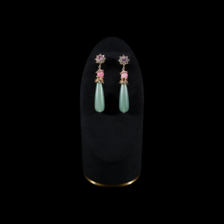 Round Paved Ornamental Elongated Pear Jade Earrings - Gold, Light Jade