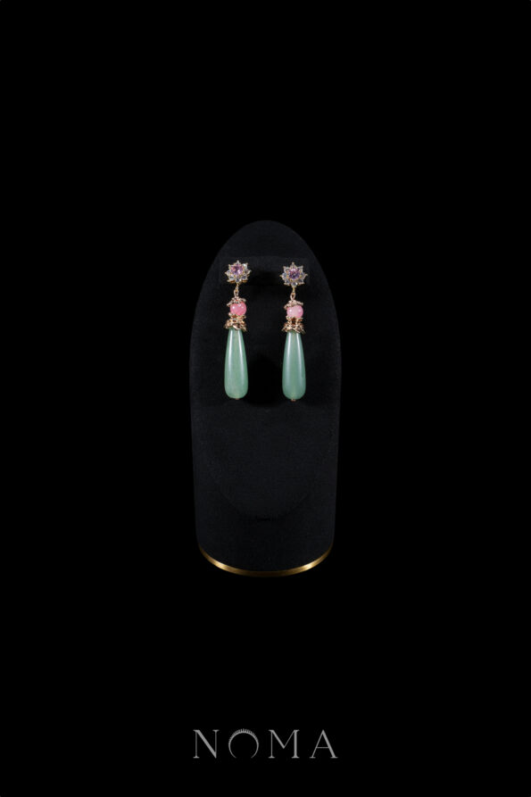 CHN-202300097 – Round Paved Ornamental Elongated Pear Jade Earrings | Gold | Light Jade |  |