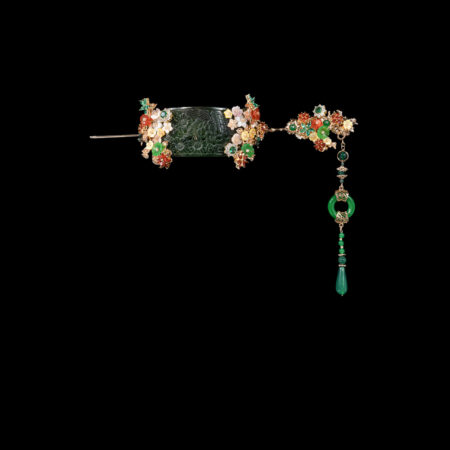 Carved Peacock Floral Vinery Set - Gold, Jade (2 pcs)