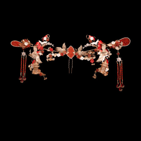 Colorful Crane Jade Ginkgo Pagoda Hairvine Set - Gold, Red (5 pcs)