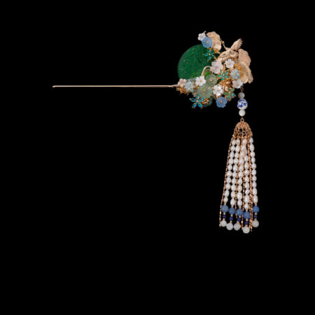Carved Jade Crane Ginkgo Hairpin - Gold, Jade (Left)