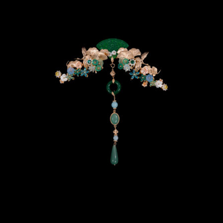 Carved Jade Crane Ginkgo Hairvine - Gold, Jade