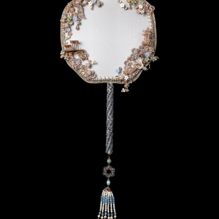 Crane Pagoda River Fan - Gold, Blue