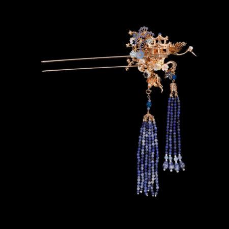 Majestic Crane Cloud Pagoda Hairpin - Gold, Sapphire (Left)