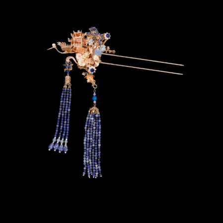 Majestic Crane Cloud Pagoda Hairpin - Gold, Sapphire (Right)