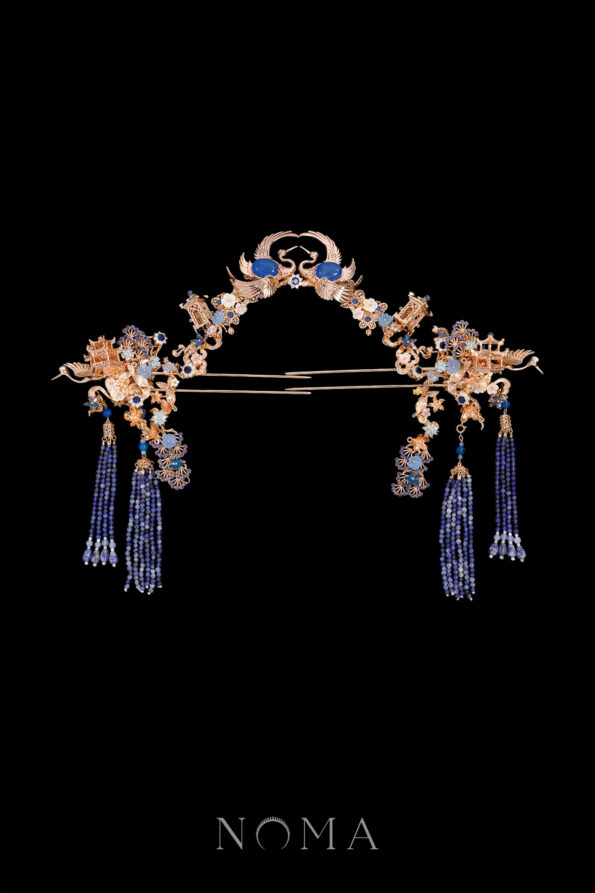 CHN-202400050-Crane-Cloud-Pagoda-Set-Gold-Sapphire-3-pcs