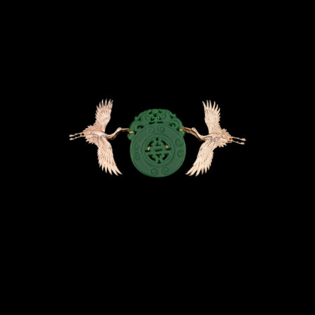 Twin Crane Unique Jade Brooch - Gold, Jade