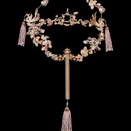 Octagonal Phoenix Feather Ginkgo Fan - Gold, Pink