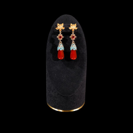 Lotus Ornamental Pear Jade Earrings - Gold, Red Jade