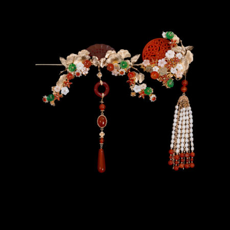 Carved Jade Crane Ginkgo Set - Gold, Red Jade (2 pcs)