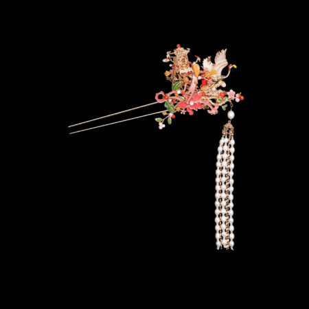 Colorful Summer Crane Pagoda Hairpin - Gold, Pink (Left)