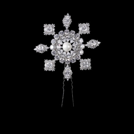 Round Shine Radiant Hairpin - Rhodium White Gold, White Pearl